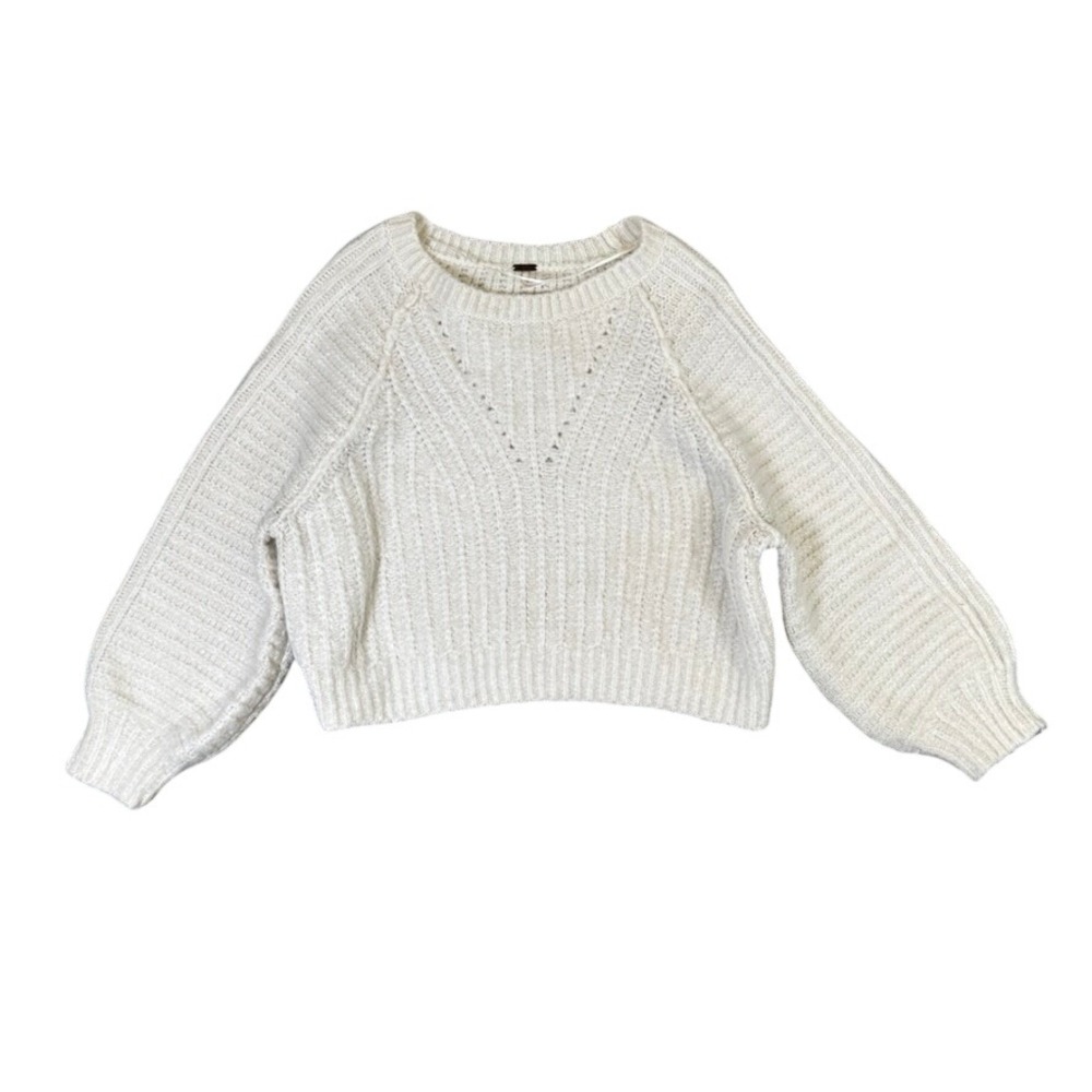 Free People Ivory Chunky Ribbed Knit Balloon Sleeve Crop Sweater Small
